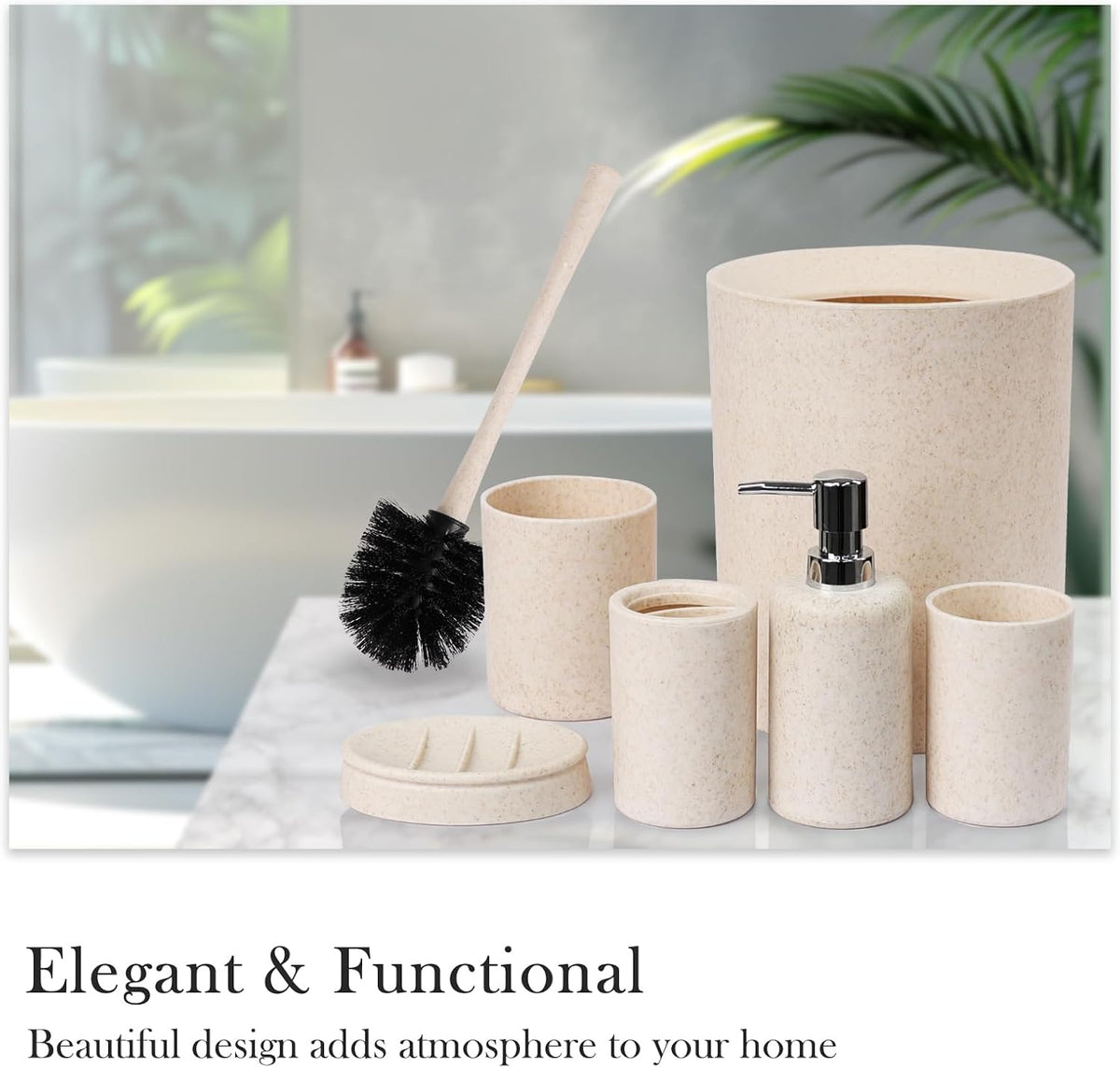CERBIOR Bathroom Accessories Set 6 PCS Wheat Straw BathroomSet,Beige