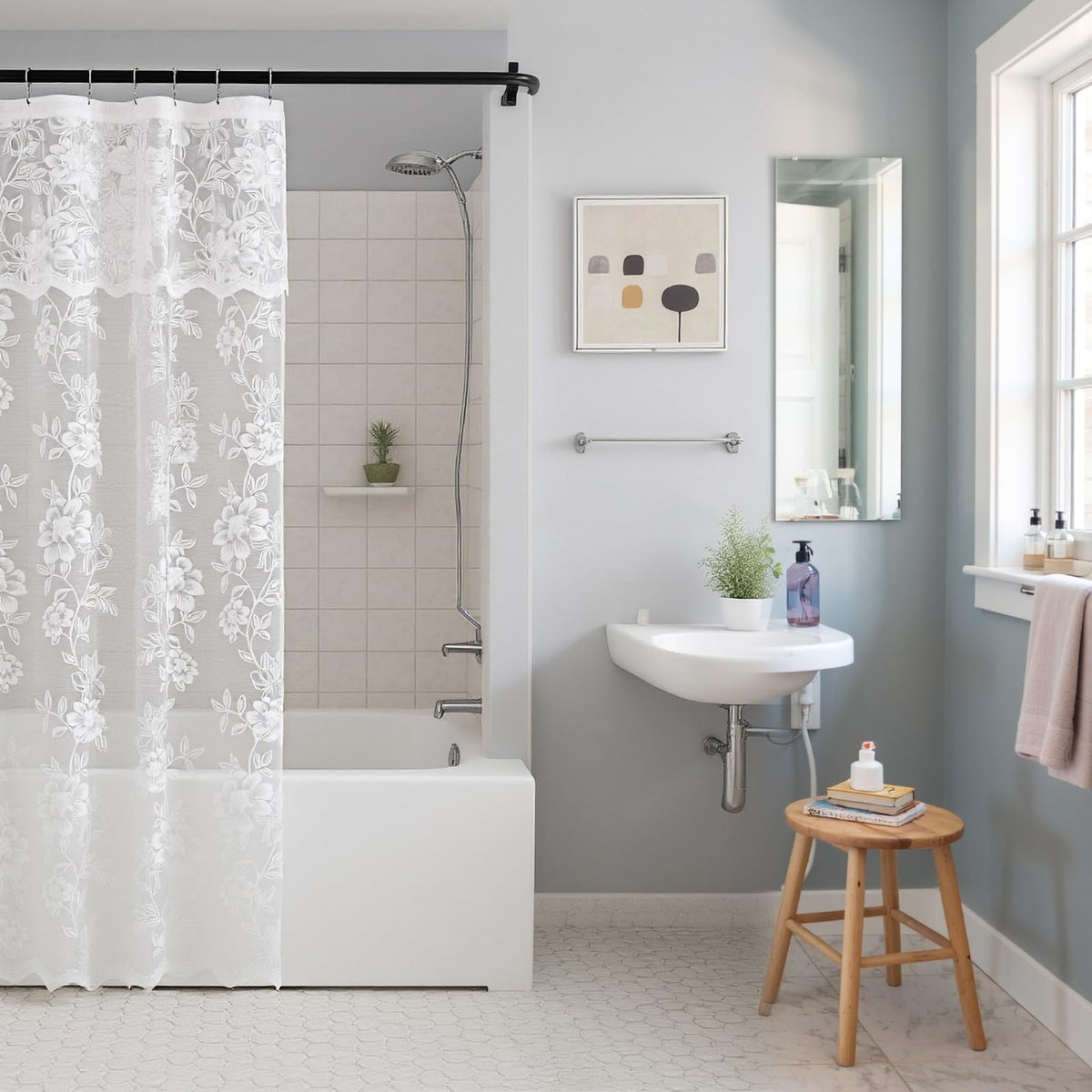 Ivory Lace Shower Curtain with Attached Valance, 72 x 72 Inch 1 Panel