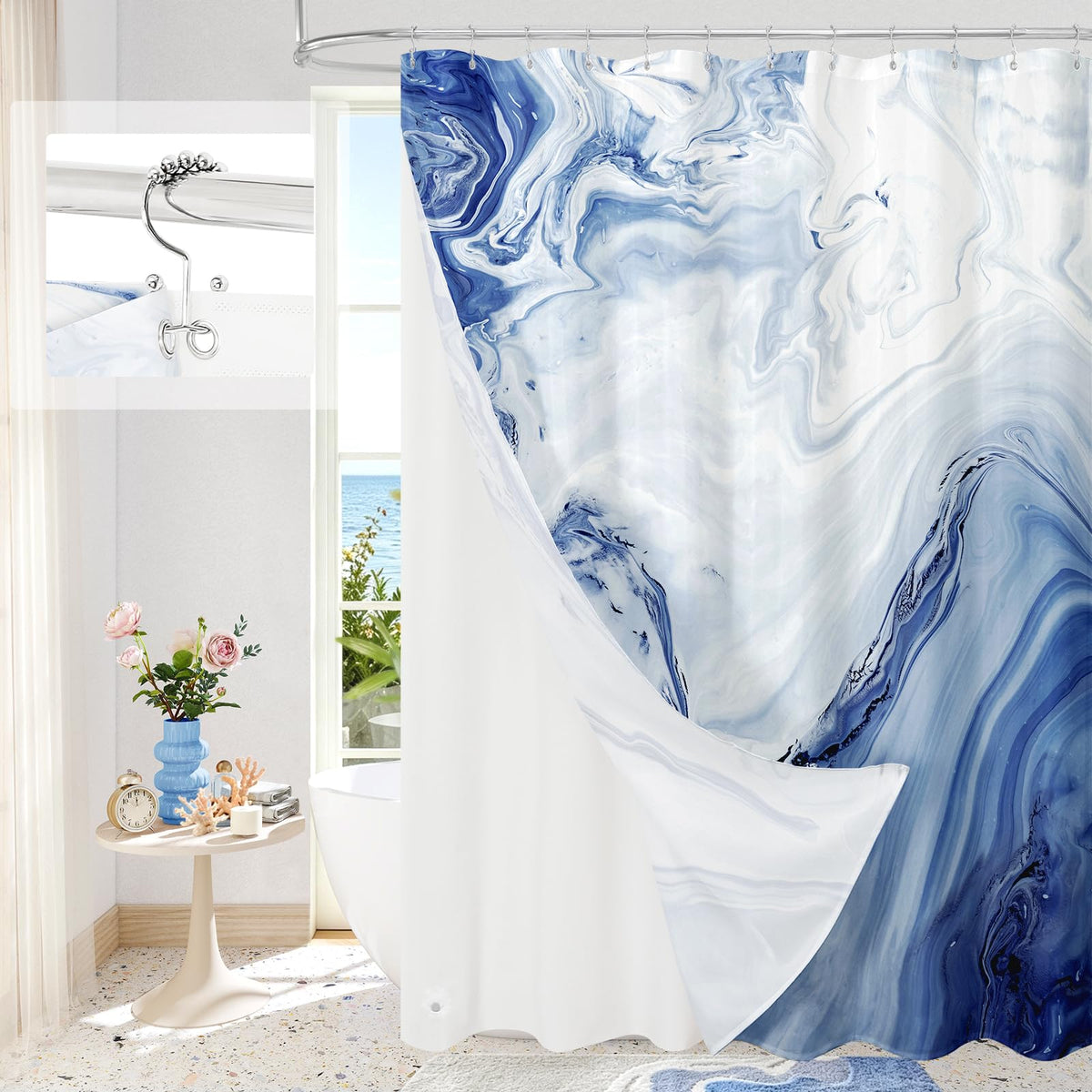 Blue Marble Fabric Shower Curtain, Abstract Watercolor, 72 x 72 Inches