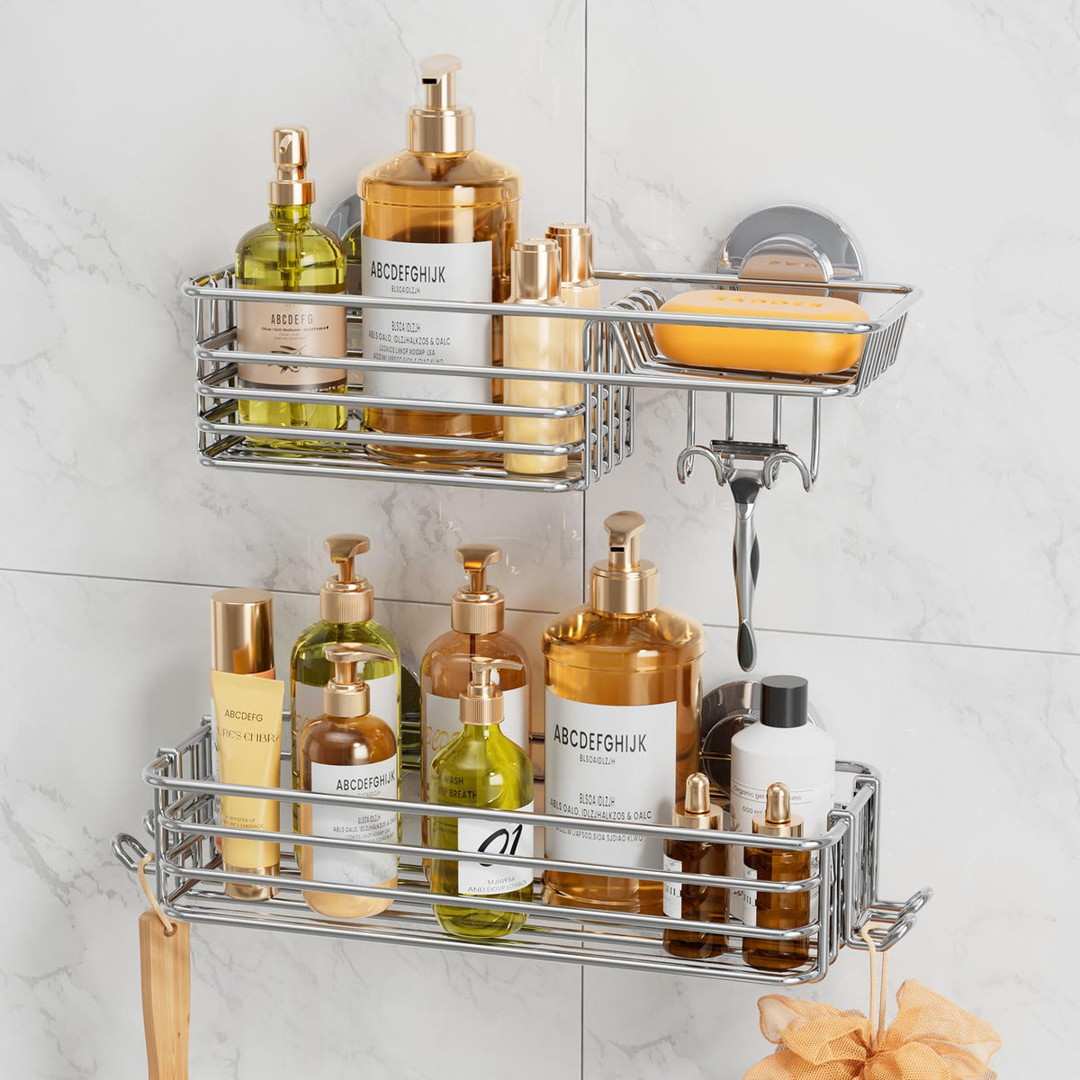 LEVERLOC Shower Caddy Suction Cup, 2 Pack Shower Shelves for Inside Shower with Hooks & Soap Holder, NO-Drilling Bathroom Shower Organizer, Rustproof Meatl Shower Holder Storage, Black