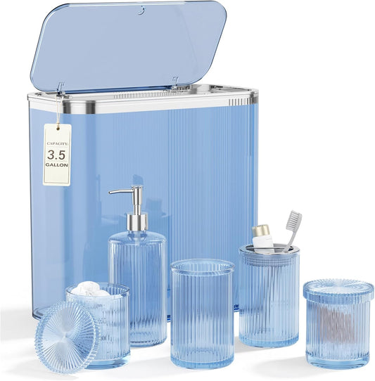 Blue Bathroom Accessories Set, 3.5 Gal Trash Can with Press-Top Lid, Glass Bathroom Set Inclued Soap Dispenser, Toothbrush Holder, Tumbler, Qtip Holders, Vintage Bathroom Sink Set Cute Bathroom Decor