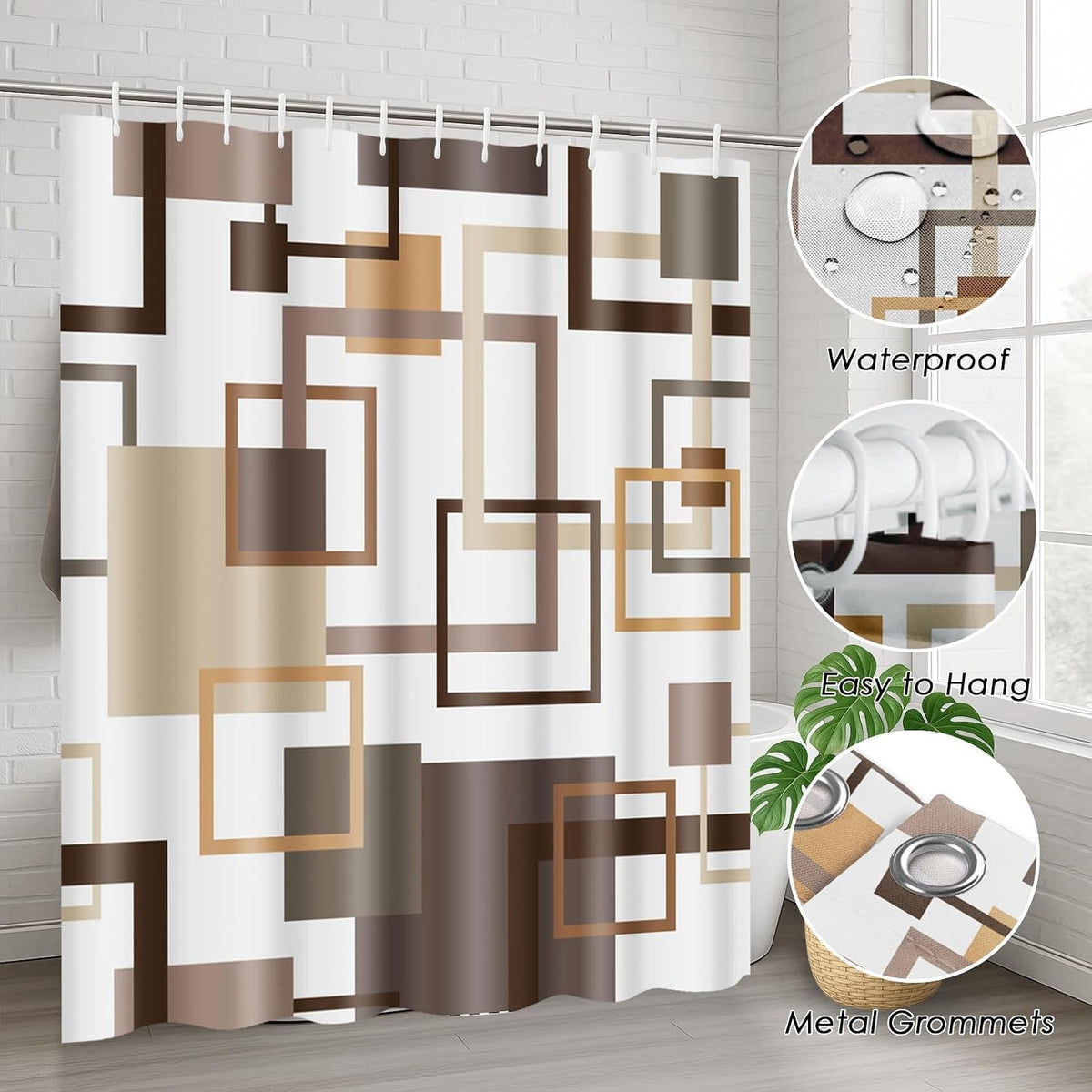 Bathroom Sets with Shower Curtain and Rugs Set of 4 Geometric Brown