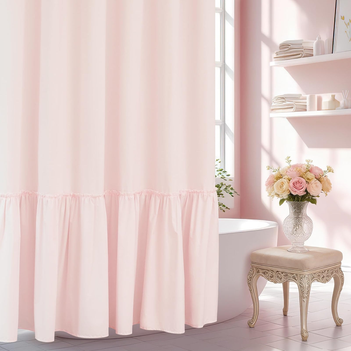 Seenus White Ruffle Shower Curtain with Waterproof TPU Backed Lightweight