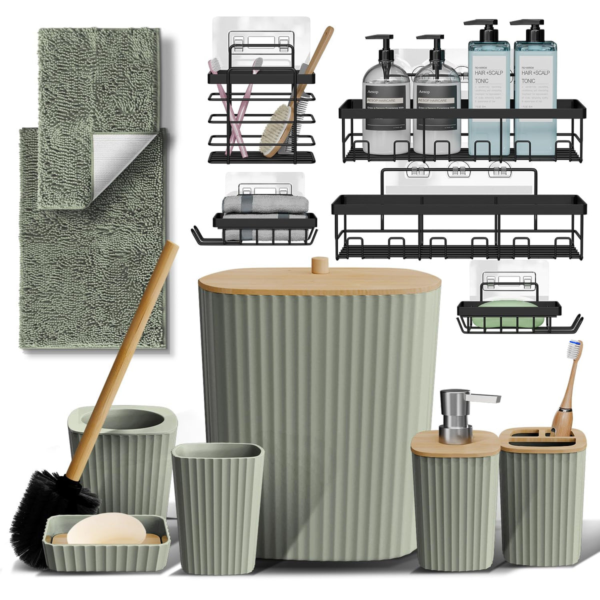 Clara Clark Bathroom Set - Sage Green Bathroom Accessories Set, 6PC Bathroom Accessory Set, Bathroom Sets with Toilet Brush, Trash Can & Soap Dispenser