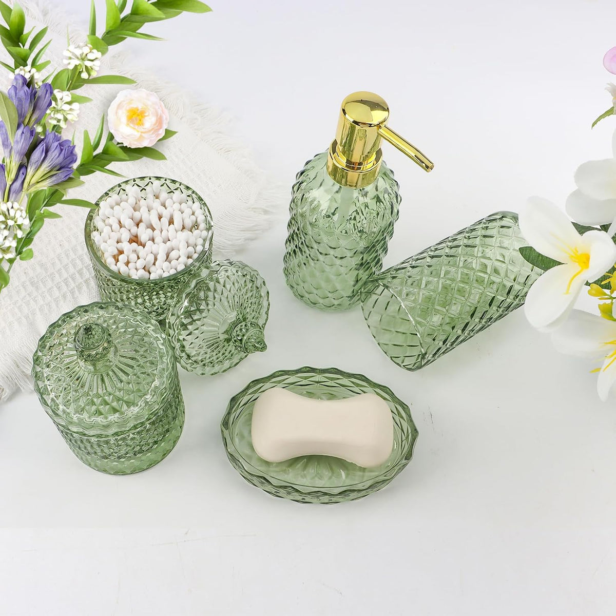 5Pcs Glass Bathroom Accessories Set,Green Vintage Bathroom Accessory Set