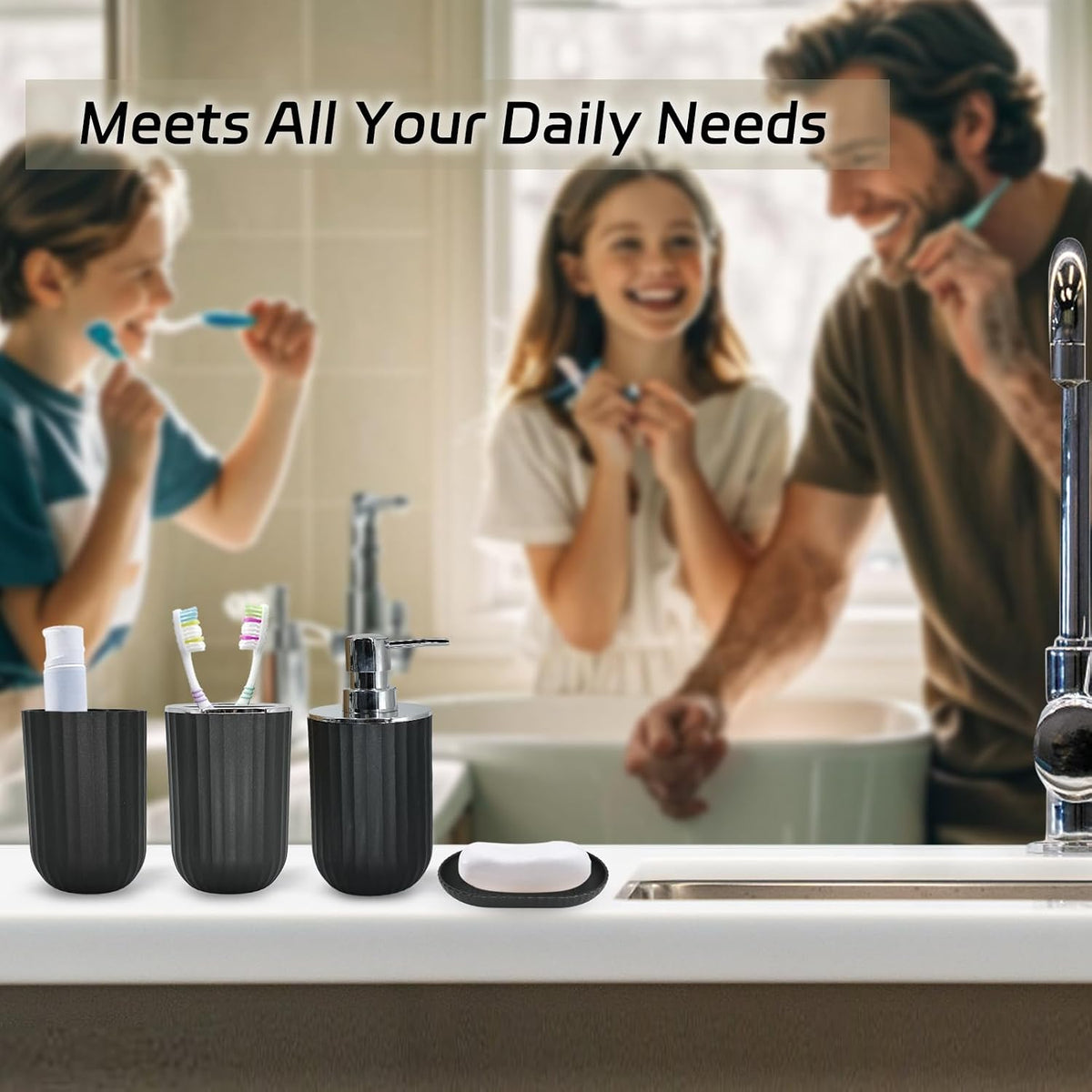 Black Bathroom Accessories Set, 10Pcs Bathroom Accessory Sets Complete with Trash Can, Shower Curtain, Vanity Tray, Soap Dispenser, Soap Dish, Toothbrush Holder&Cup, Toilet Brush&Holder, Qtip Holder