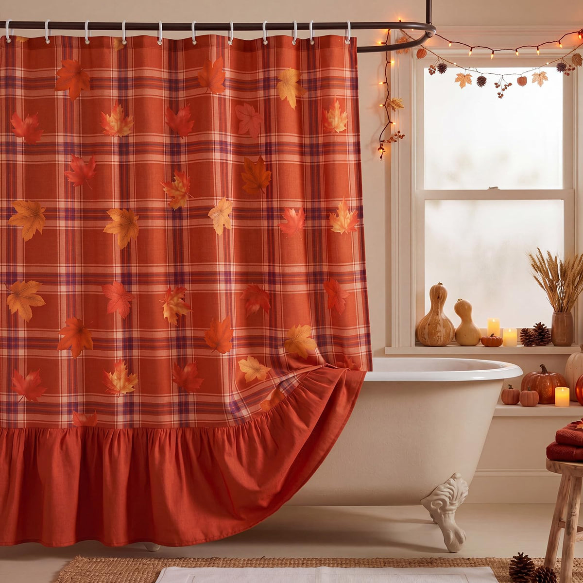 Irenare Fall Pumpkin Shower Curtain, Beige Ruffle Gingham Bathroom Decor