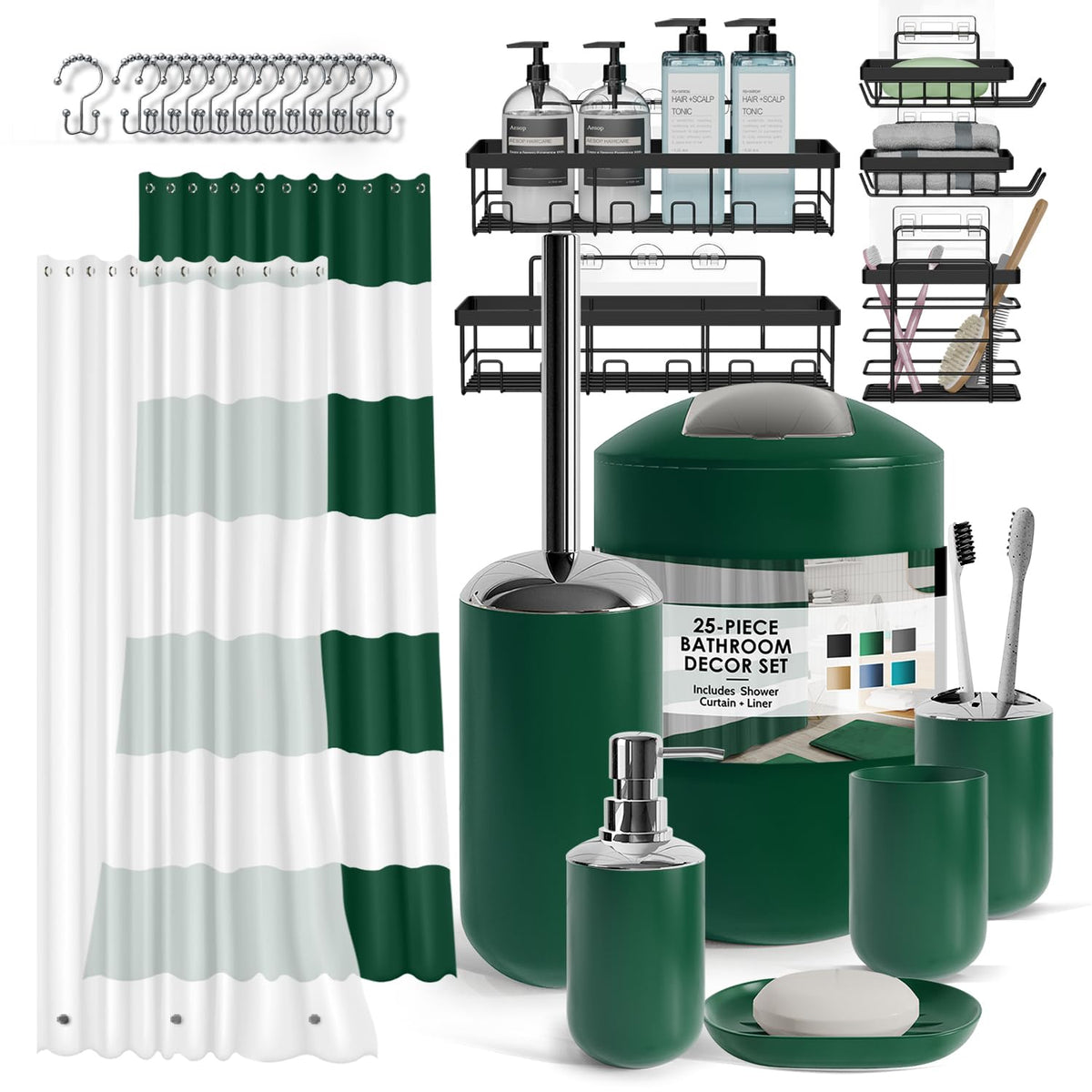 Clara Clark Bathroom Set - Navy Bathroom Accessories Set, 20PC Bathroom Accessory Set, Shower Curtain Set with Liner, Toothbrush Holder, Soap Dispenser, Soap Dish, Toilet Brush Holder, and Trash Can