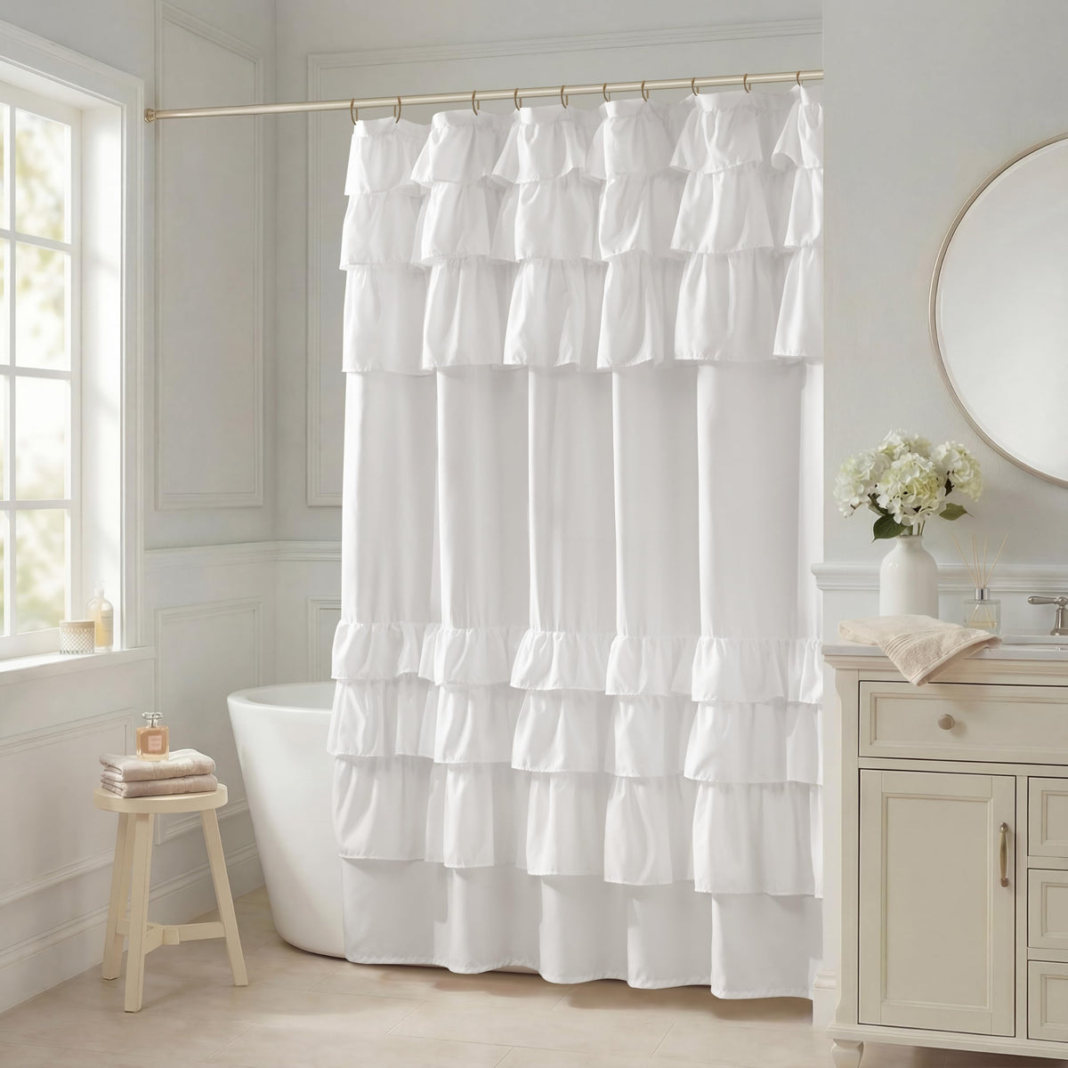 Madison Park Grace Ruffle Shower Curtain for Bathroom, 72"x 72", White