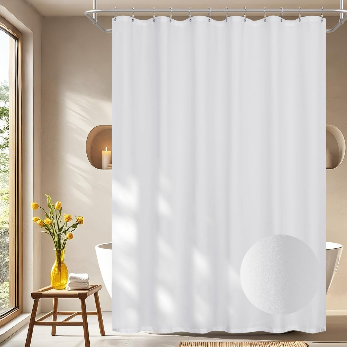 Seenus White Ruffle Shower Curtain with Waterproof TPU Backed Lightweight