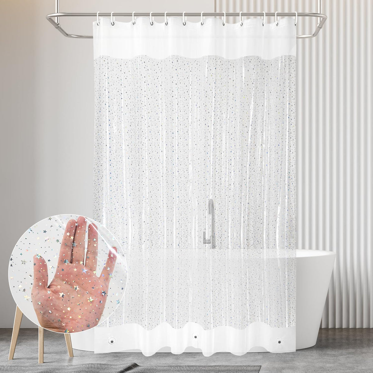 PEVA Shower Curtain, Water Repellent Premium Bathroom Shower Curtain with 3 Magnetic Weights for Shower Stall, Bathtubs