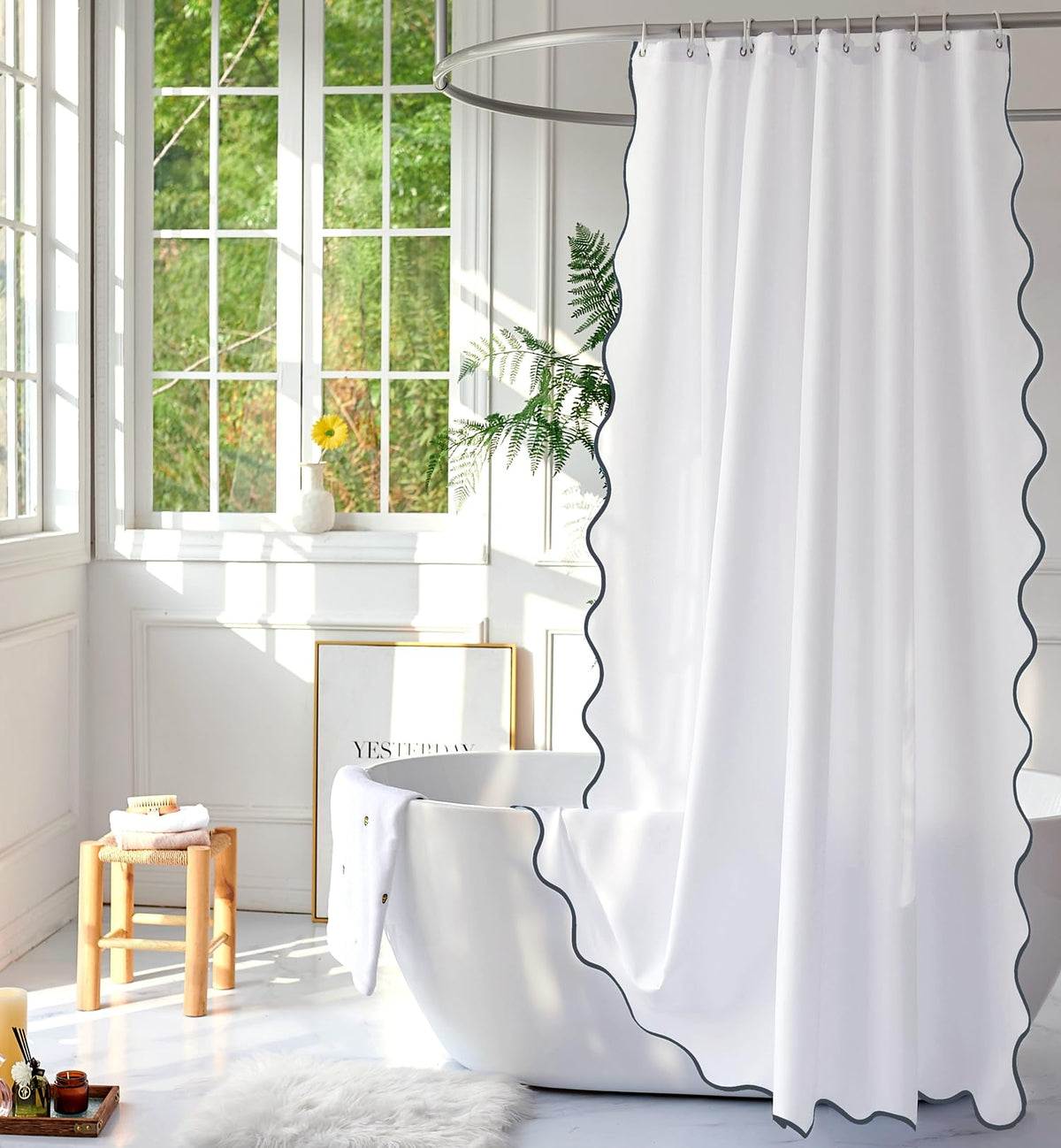 White Fabric with Water Blue Scalloped Border Shower Curtain,Boho Chic Cloth Shower Curtain for Bathroom Showers,72 x 72 Inches