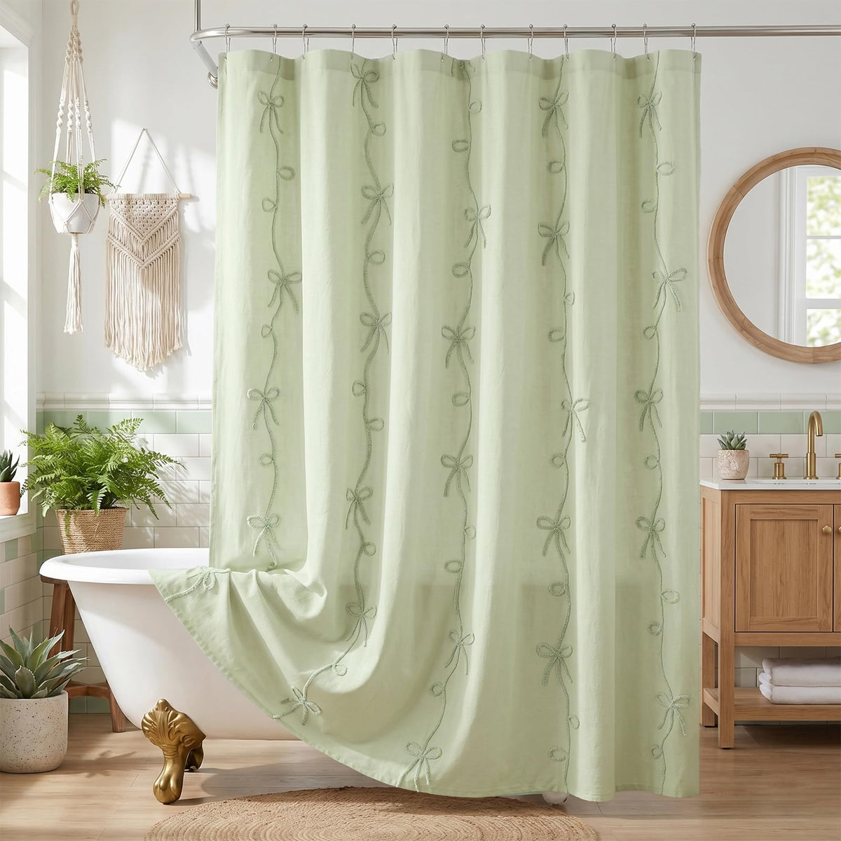Seasonwood Pink Bow Shower Curtain with Cording Bow Embroidery 72x72 Inches
