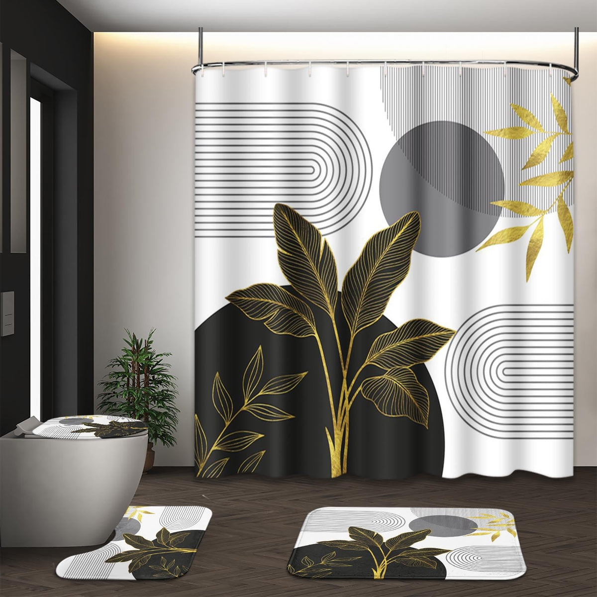 Bathroom Sets with Shower Curtain and Rugs, Set of 4, Boho Sage