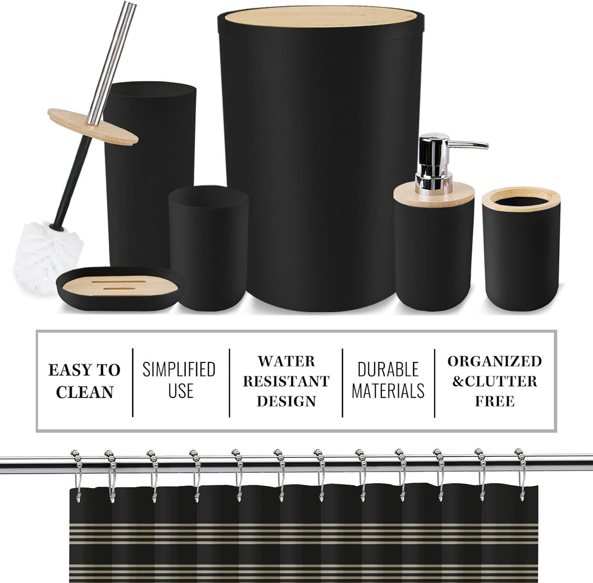 Britimes 7 Pack Bathroom Accessories Set, Shower Curtain Set, Black Striped