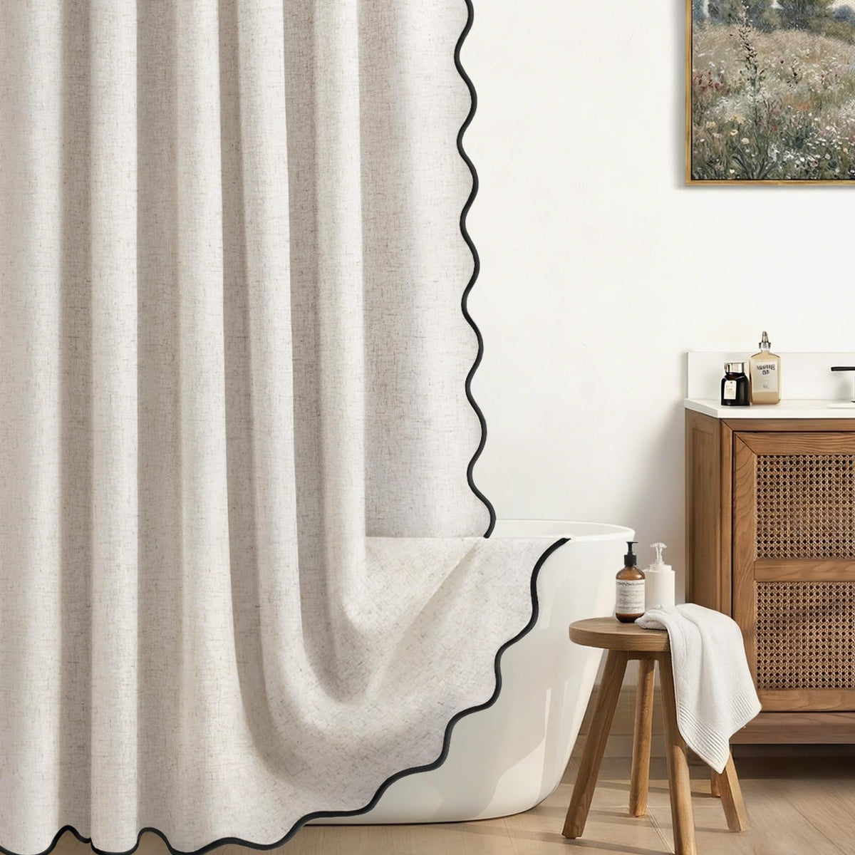 Scalloped Shower Curtain Linen Boho Beige 72" W x 72" L