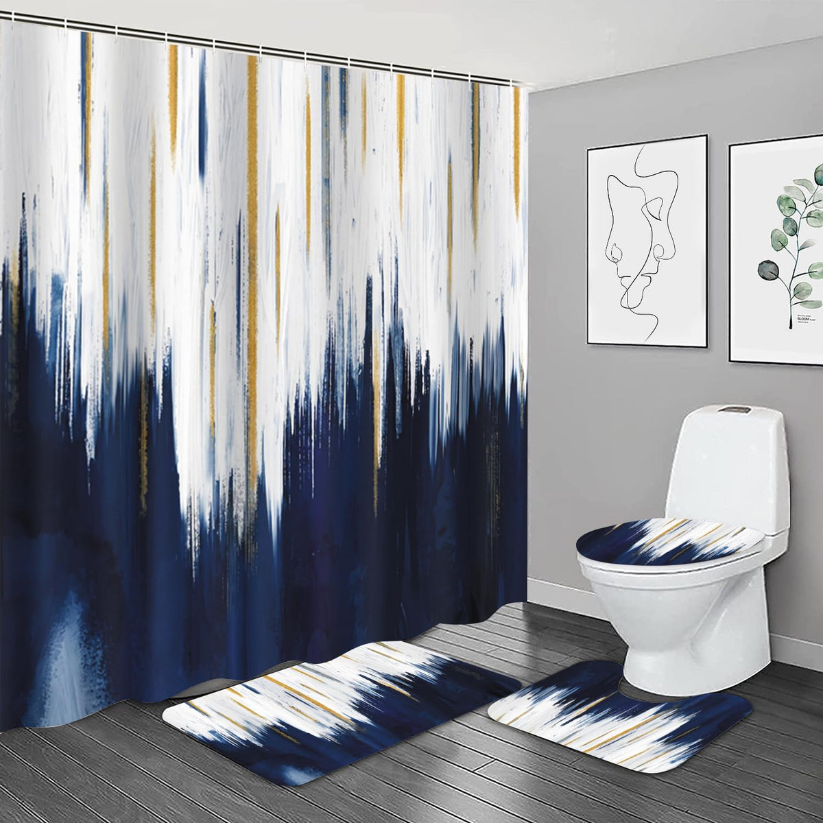 NBVKO 4PCS Black Oil Painting Style Shower Curtain Set with Non-Slip Rugs,Toilet Lid Cover and Bath Mat,Bathroom Decor Accessory Set