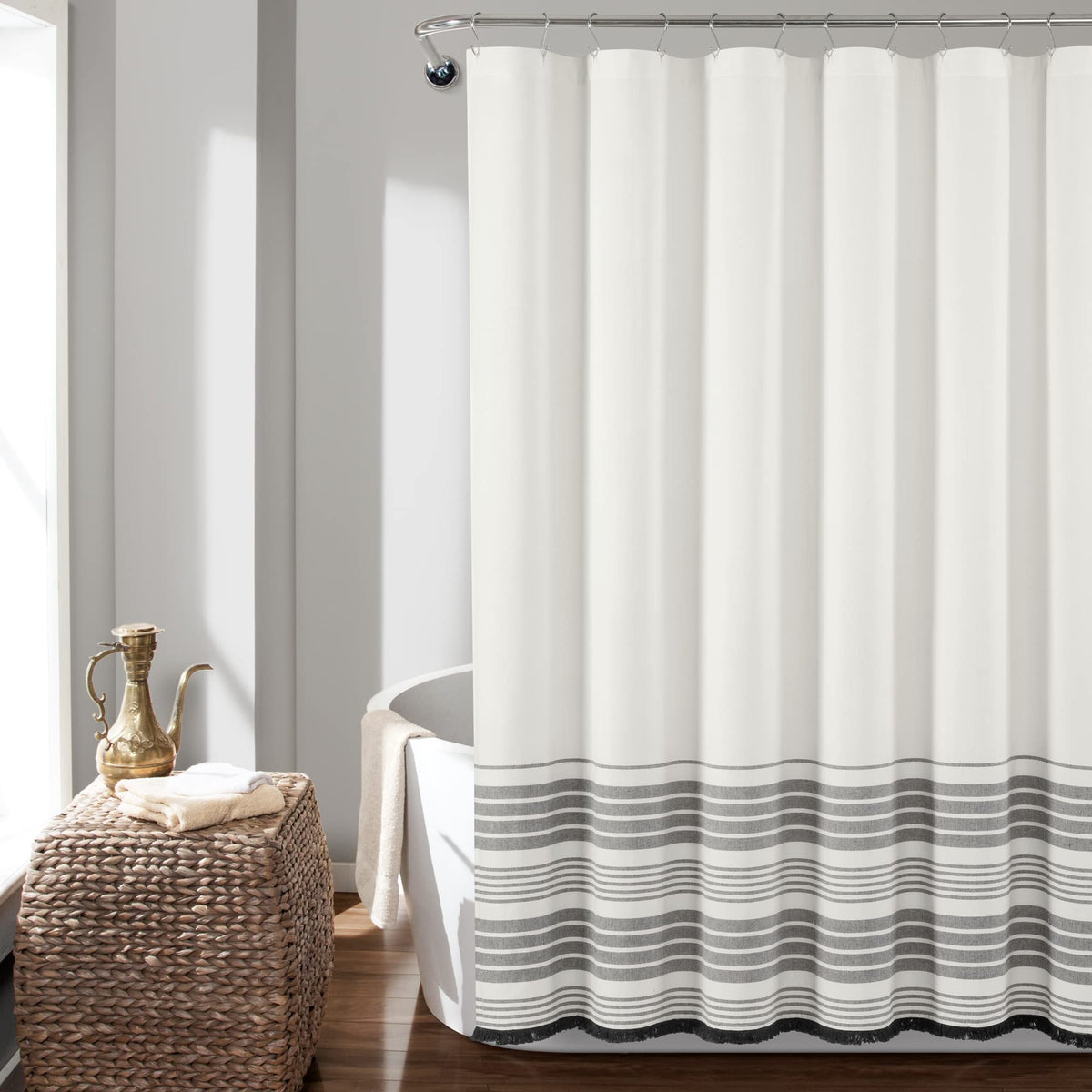 Lush Decor Nantucket Yarn Dyed Cotton Blend Tassel Fringe Shower Curtain Single 72" W x 72" L Navy - Blue Shower Curtains for Bathroom Curtain