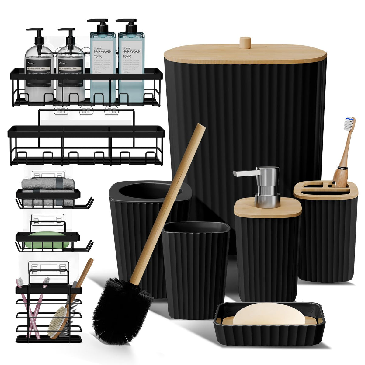 Clara Clark Bathroom Set - Sage Green Bathroom Accessories Set, 6PC Bathroom Accessory Set, Bathroom Sets with Toilet Brush, Trash Can & Soap Dispenser