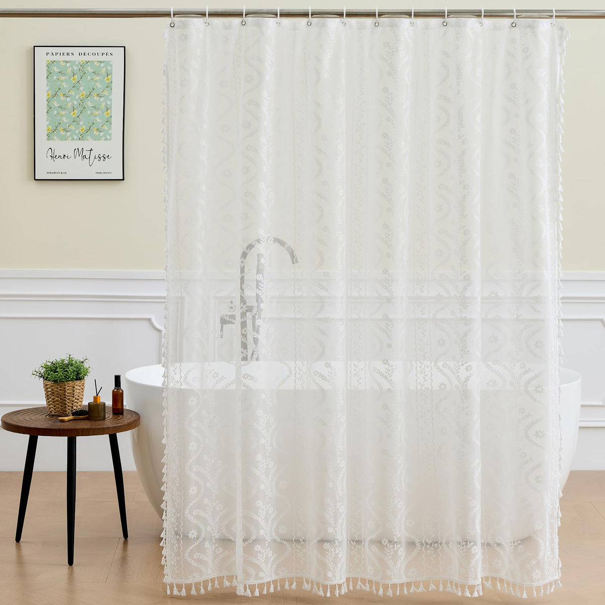 WAZZIO Terracotta Lace Shower Curtain for Bathroom 72" W x 84" L, Victorian Farmhouse Floral Pattern Tassel Fancy Shower Curtain Boho Washable Cloth Decorative Bath Curtains,1 Panel