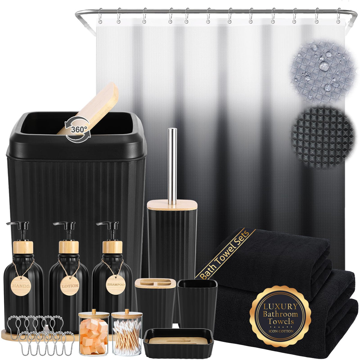 XLHOMO Black Bathroom Accessories Set 17PCS Bathroom Set with 3PCS Soap Dispenser Bathroom Accessory Set Black Trash Can for Bathroom Decor