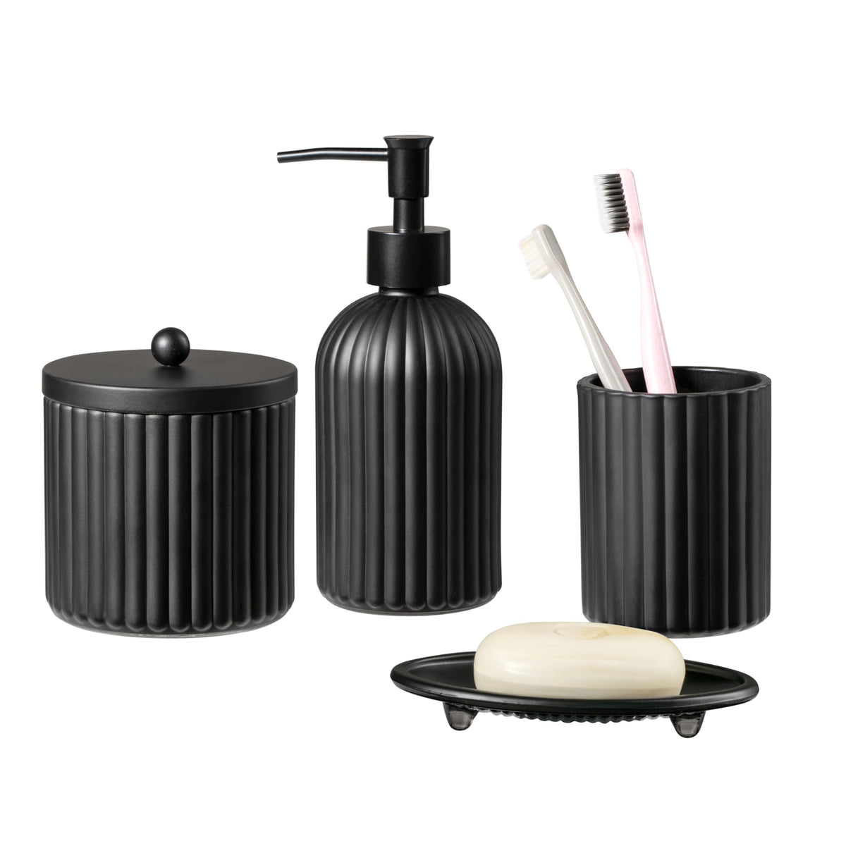 4PCs Heavy Weight Decent Glass Bathroom Accessories Set with Decorative Pressed Pattern - Includes Hand Soap Dispenser & Tumbler & Soap Dish & Toothbrush Holder (Brown)