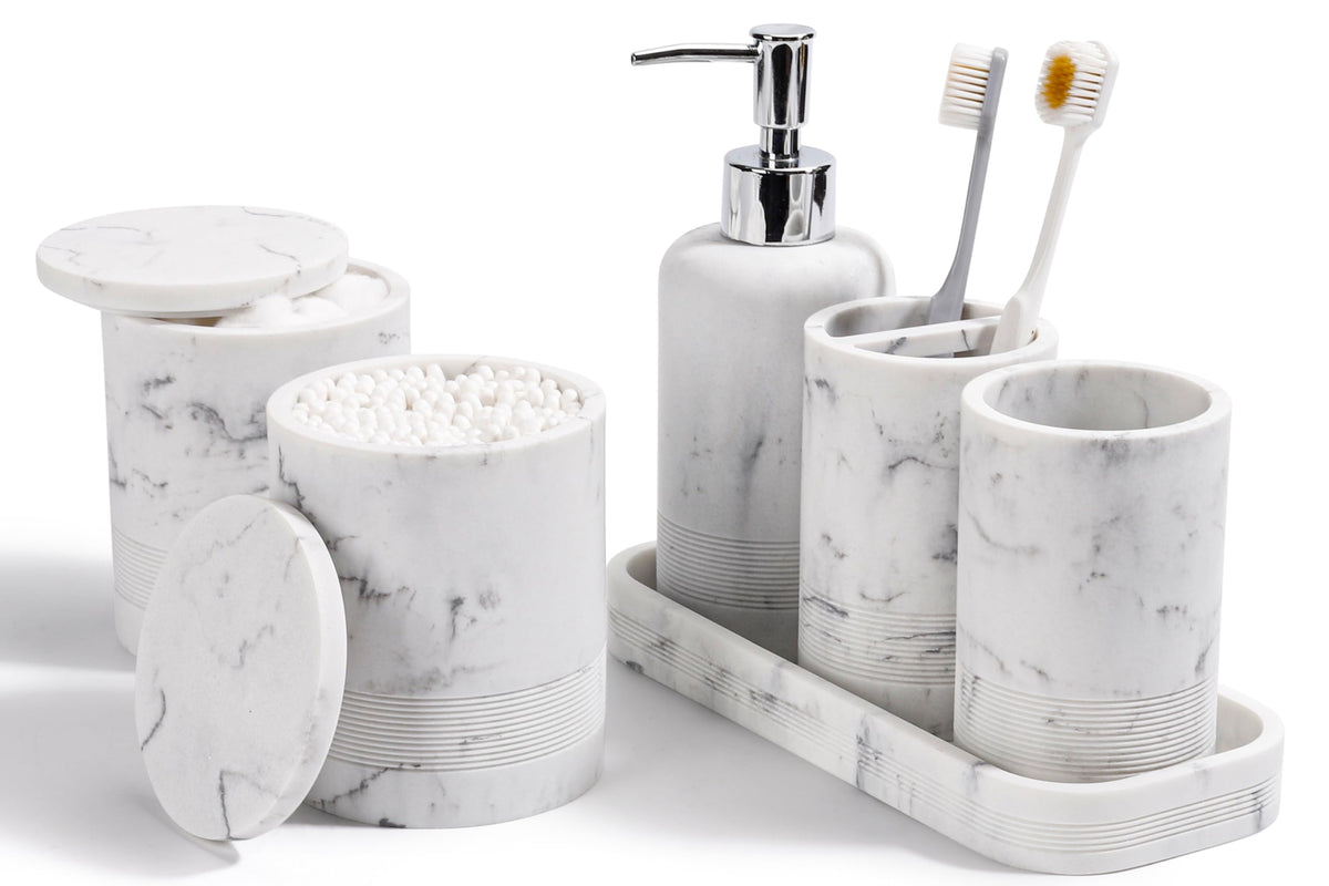 Bathroom Accessories Set, 6-Piece Bathroom Accessory Set, Toothbrush Holders Set, Soap Dispenser, Vanity Tray, Tumbler, Cotton Swab Jars, Bathroom Organizer for Modern Bathrooms(Beige)