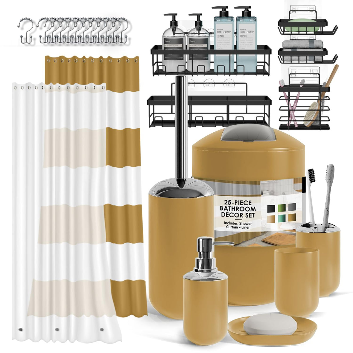 Clara Clark Bathroom Set - Navy Bathroom Accessories Set, 20PC Bathroom Accessory Set, Shower Curtain Set with Liner, Toothbrush Holder, Soap Dispenser, Soap Dish, Toilet Brush Holder, and Trash Can
