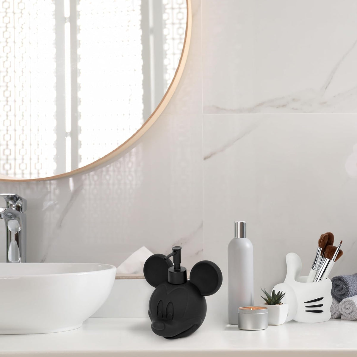 Jay Franco Disney Mickey Mouse Bathroom Soap Dispenser Set - 2 Piece White and Black Collection Includes Resin Lotion Pump and Tumbler Cup - Bathroom Décor