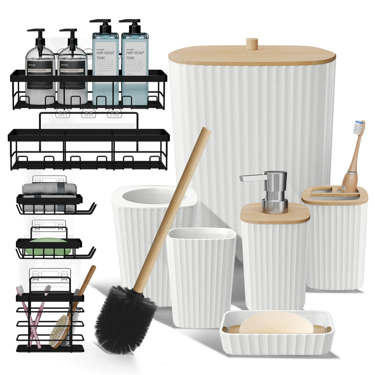 Clara Clark Bathroom Set - Sage Green Bathroom Accessories Set, 6PC Bathroom Accessory Set, Bathroom Sets with Toilet Brush, Trash Can & Soap Dispenser