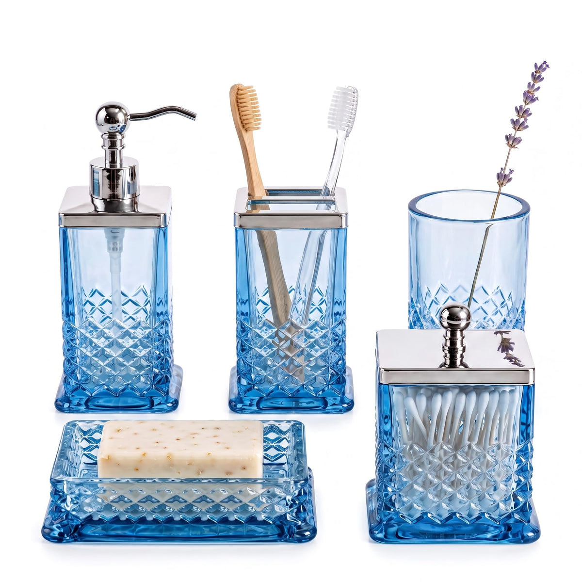 JKE Heavy Glass 5Pcs Amber Bathroom Set Accessories Vintage