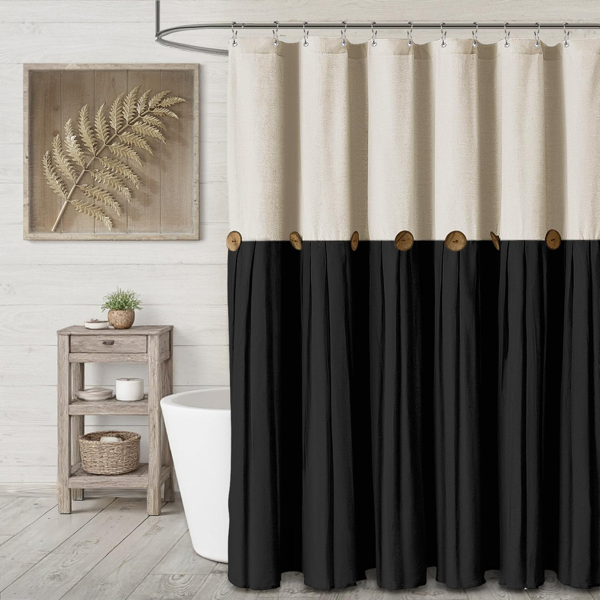 Farmhouse Shower Curtain Linen Beige Button Brown Stripe 72"W x 72"L