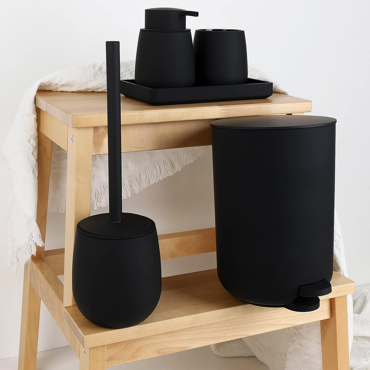 GAHEFY Black Bathroom Accessories Set with Small Trash Can 3 Liter/0.8 Gallon,Toothbrush Holder,Soap Dispenser,Vanity Tray,Toilet Brush and Holder Black 5pcs