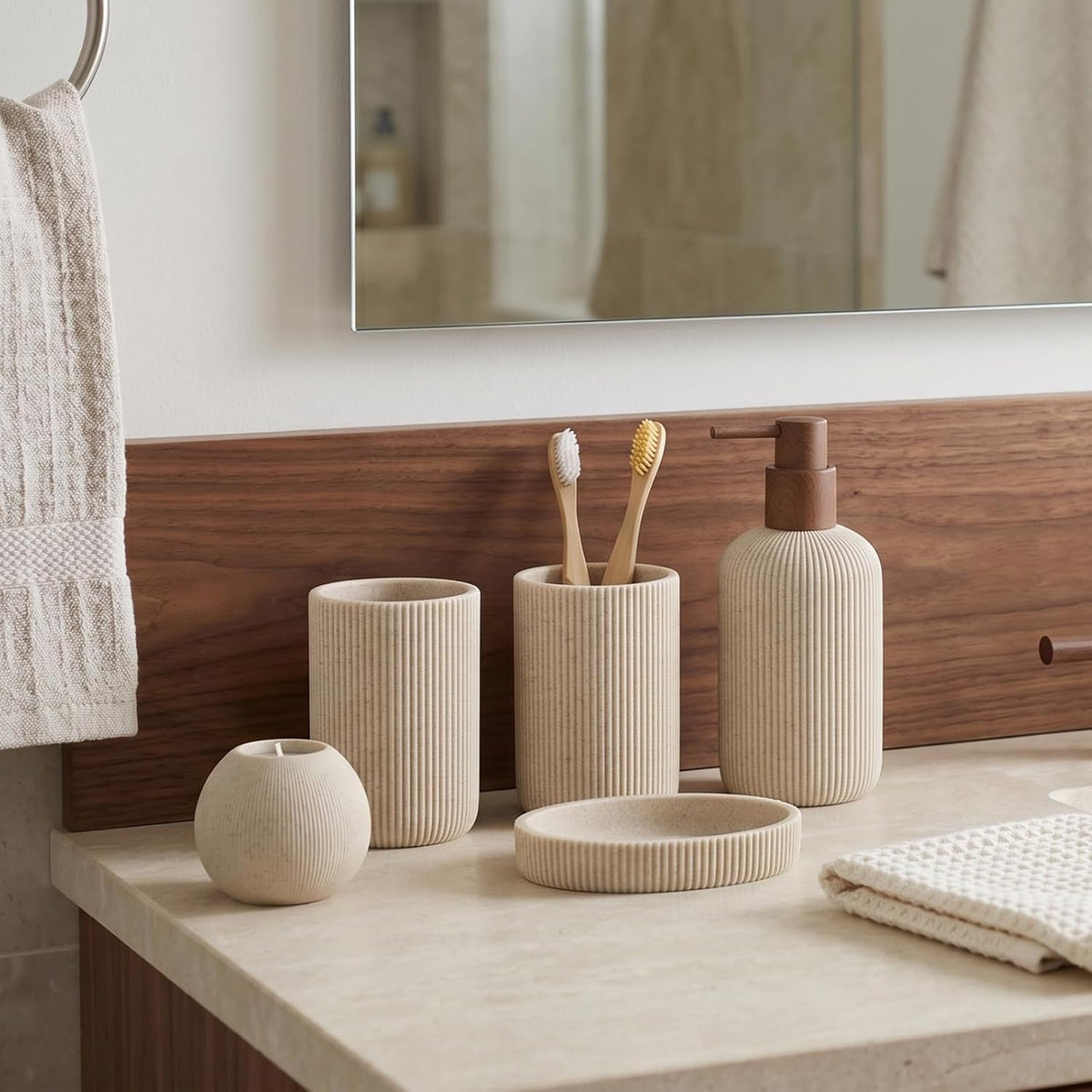 Bathroom Accessories Set, 5 PCS Modern Bath Organizer, Beige