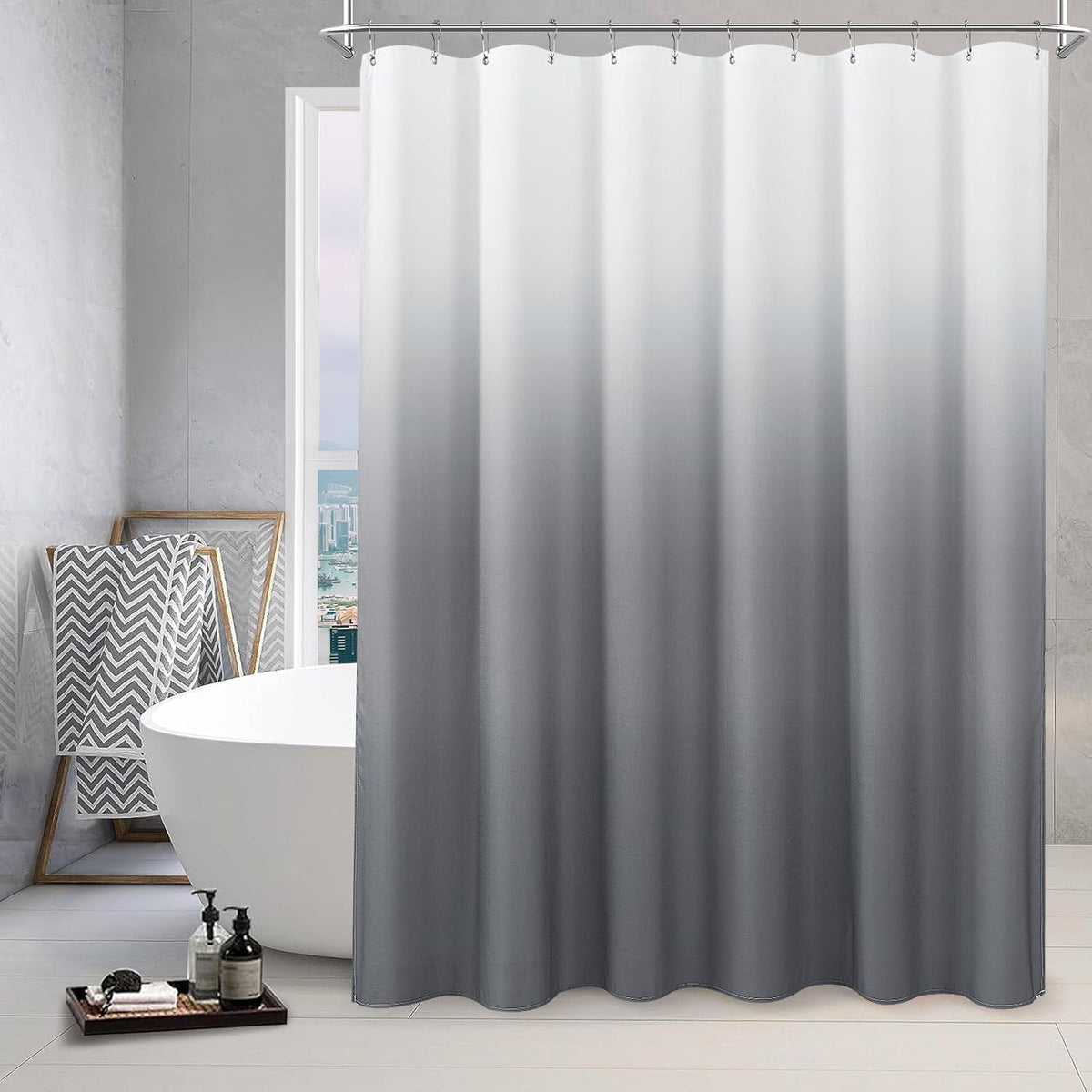 Grey and White Ombre Shower Curtain for Bathroom Luxury Hotel Spa, Machine Washable, Morden Decorative Bath Curtain, Gray Linen Textured Shower Curtains