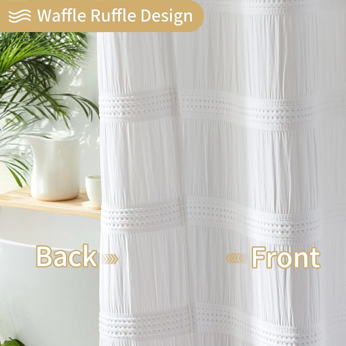 Extra Long White Shower Curtain Farmhouse,72 x 96 Cotton Blend Waffle Tufted Striped Chic Textured Fabric Shower Curtain for Bathroom, Hotel, Washable