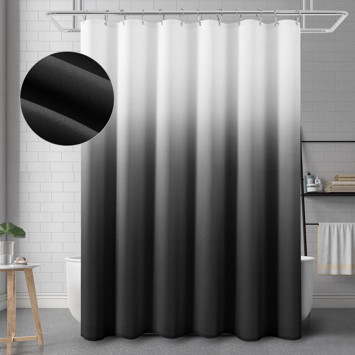 Grey and White Ombre Shower Curtain for Bathroom Luxury Hotel Spa, Machine Washable, Morden Decorative Bath Curtain, Gray Linen Textured Shower Curtains