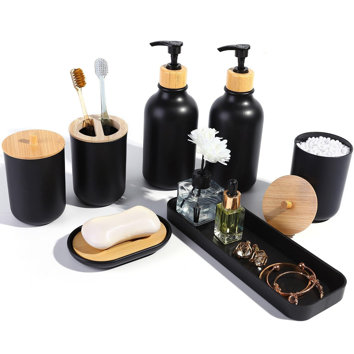 Matte Black Bathroom Accessories Set 7 Pcs,Bamboo Bathroom Accessories Sets,Black Soap Dispenser and Toothbrush Holder Set,Qtip Holder,Vanity Tray,Soap Dish,Modern Bathroom Decor