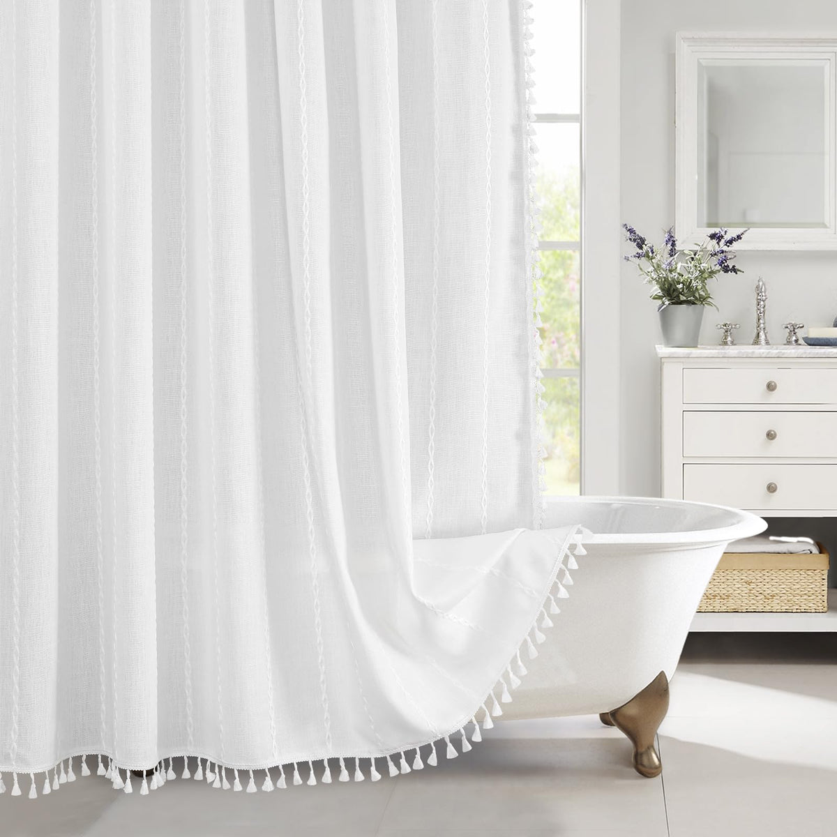 Boho Farmhouse Tassel Linen Shower Curtain,3D Embroidery Stripe Blue,72x72