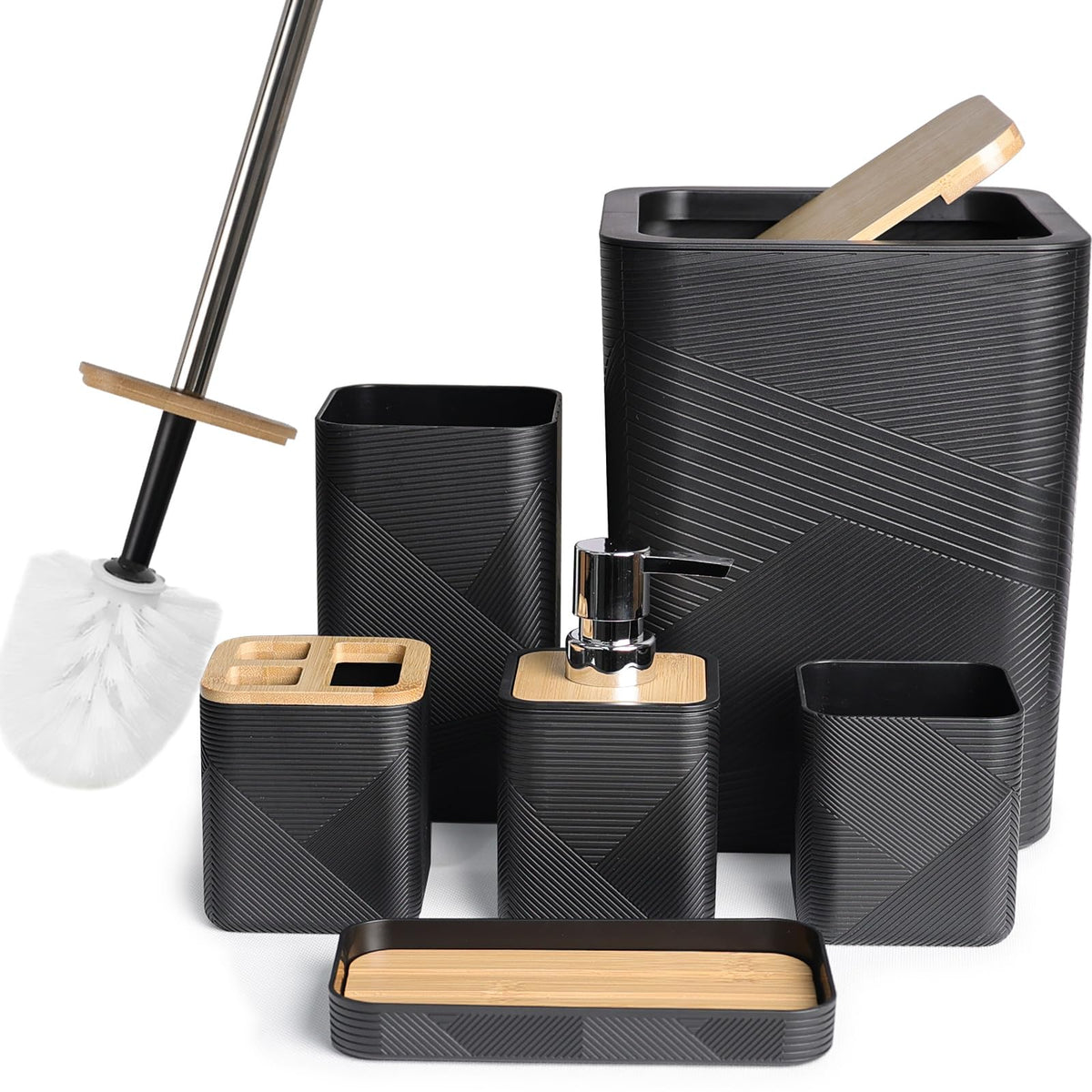 CERBIOR Bamboo Bathroom Accessories Set 6 Piece Square Spiral Set,Green
