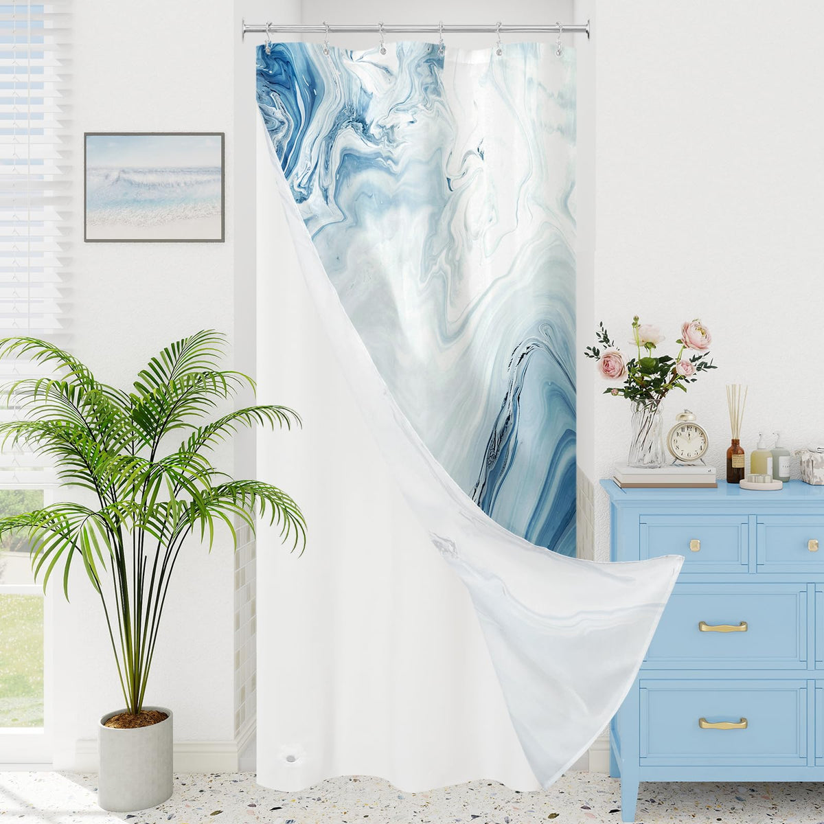 Blue Marble Fabric Shower Curtain, Abstract Watercolor, 72 x 72 Inches