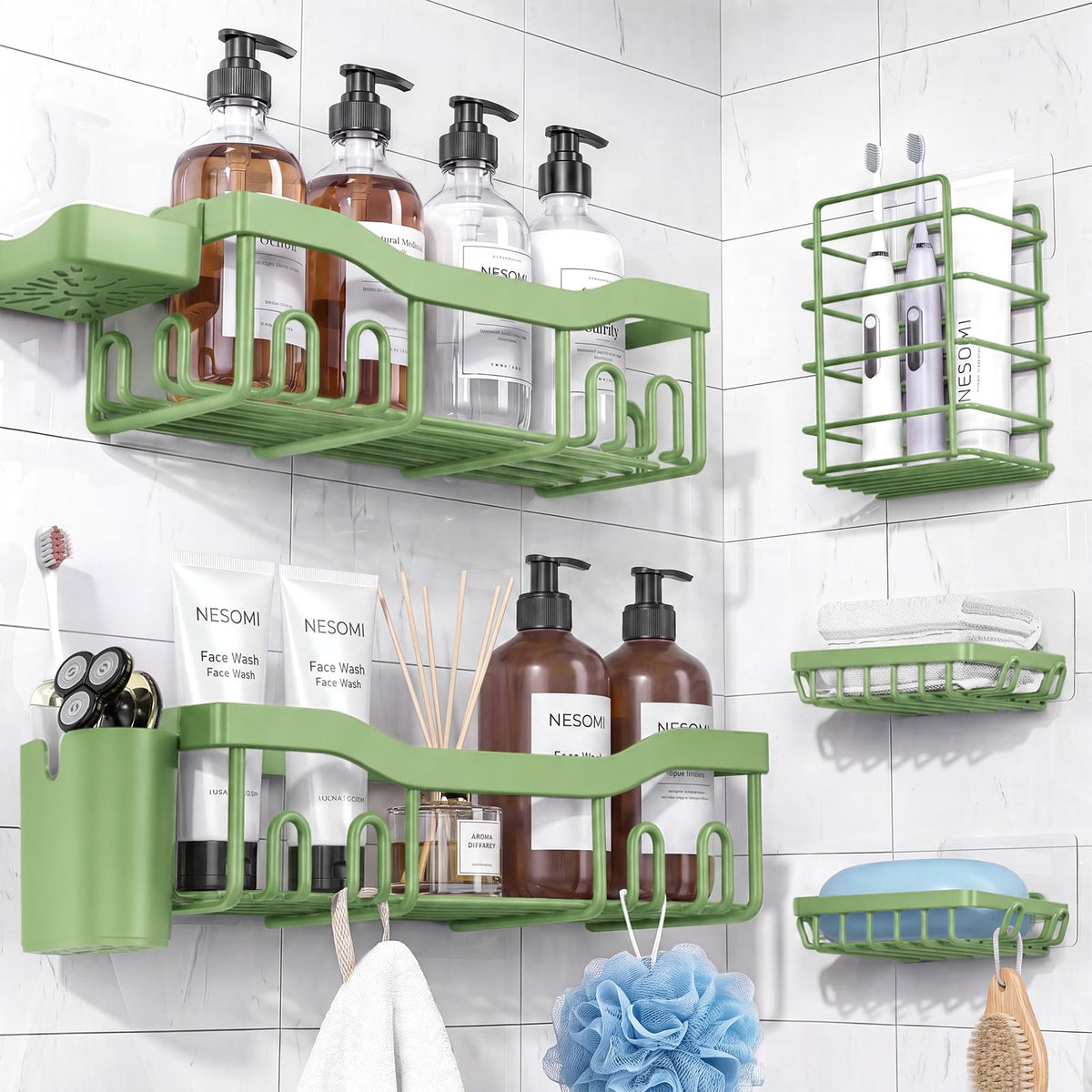 NESOMI Shower Caddy Adhesive Shower Organizer 7-Pack, Rustproof Stainless Steel Bathroom Shelves, Large Capacity No-Drill Rack Storage Accessories with Soap Dish Toothbrush Holder Hooks