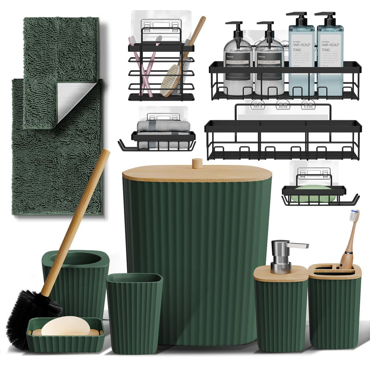 Clara Clark Bathroom Set - Sage Green Bathroom Accessories Set, 6PC Bathroom Accessory Set, Bathroom Sets with Toilet Brush, Trash Can & Soap Dispenser