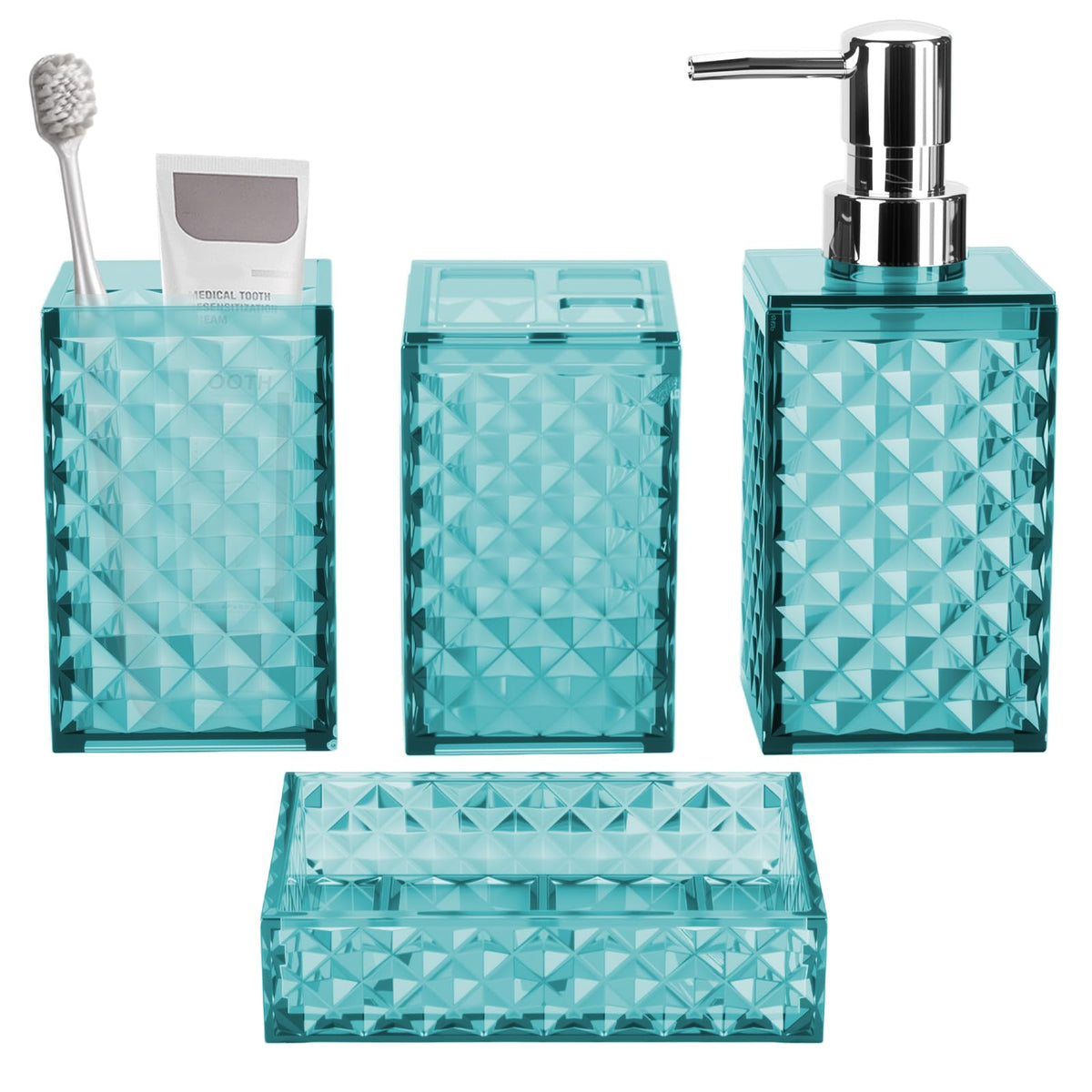 Bathroom Accessory Set, Grid Pattern 4 Pcs Plastic Bathroom Set, Pink
