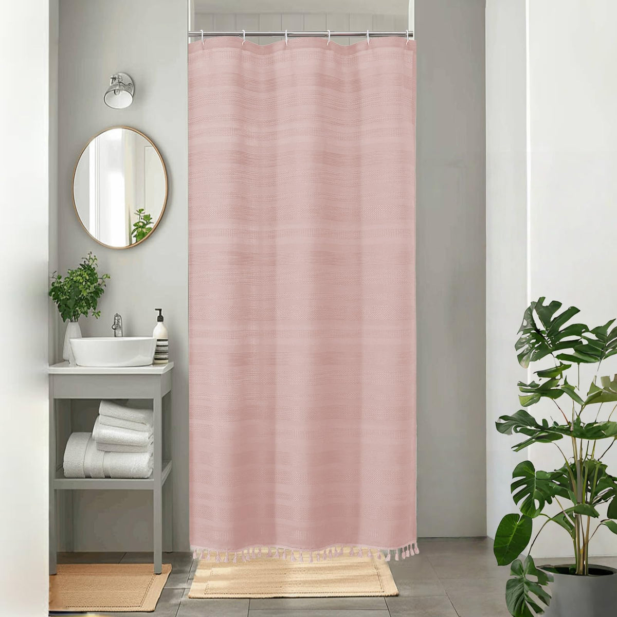 OVZME Extra Long Linen Shower Curtain - 84 Inch Long, Modern Farmhouse Heavy Duty Textured Soft Fabric, Rustic Country Boho Cloth Shower Curtain with Tassel for Bathroom Hotel, 72Wx84L Inches