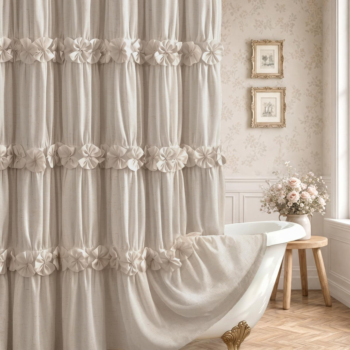 Boho Ruffle Farmhouse Fall Linen Shower Curtain Vintage Cream 72" W x 72" H