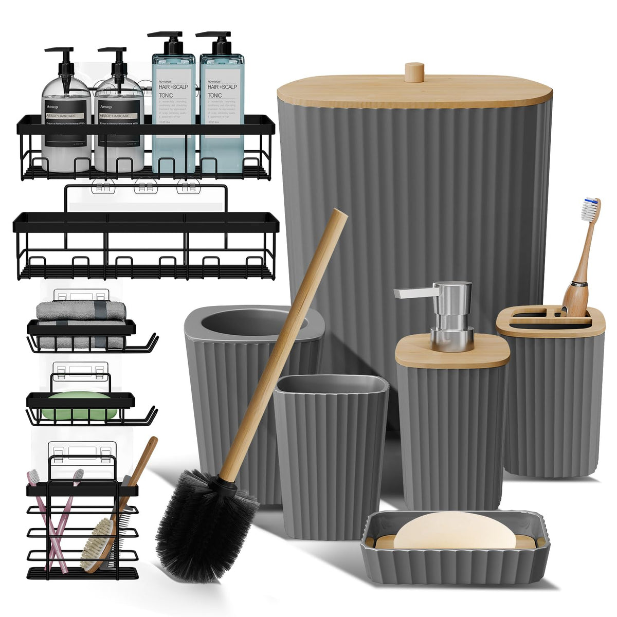 Clara Clark Bathroom Set - Sage Green Bathroom Accessories Set, 6PC Bathroom Accessory Set, Bathroom Sets with Toilet Brush, Trash Can & Soap Dispenser