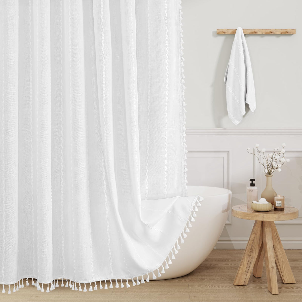 Boho Farmhouse Tassel Linen Shower Curtain,3D Embroidery Stripe Blue,72x72