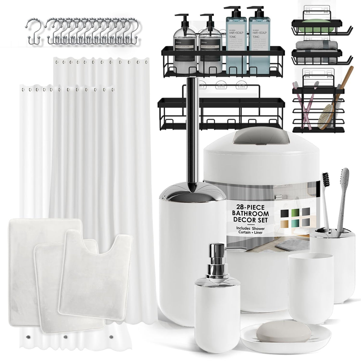 Clara Clark Bathroom Set - Navy Bathroom Accessories Set, 20PC Bathroom Accessory Set, Shower Curtain Set with Liner, Toothbrush Holder, Soap Dispenser, Soap Dish, Toilet Brush Holder, and Trash Can