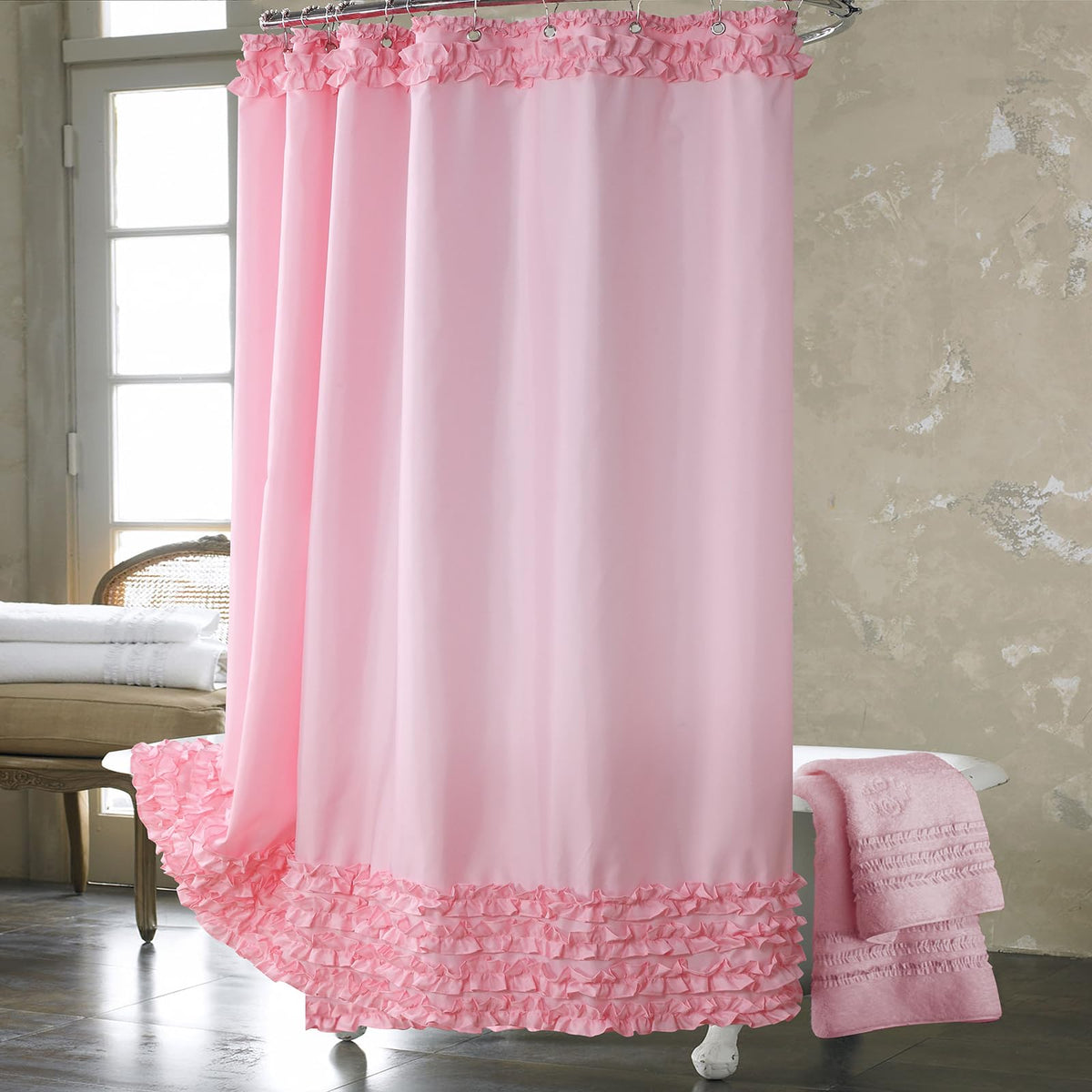 Ruffle Shower Curtain, White Fabric Shower Curtain with Handmade Ruffles, Farmhouse Chic Bath Curtains, 72" W x 72" H